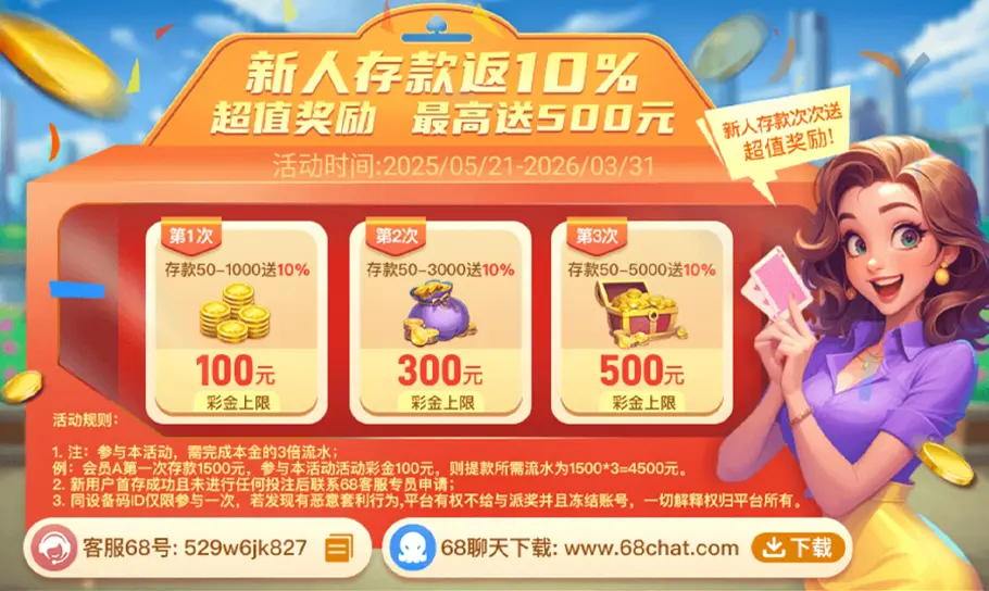 《KF6棋牌》新人存款返10%；最高赠送500元